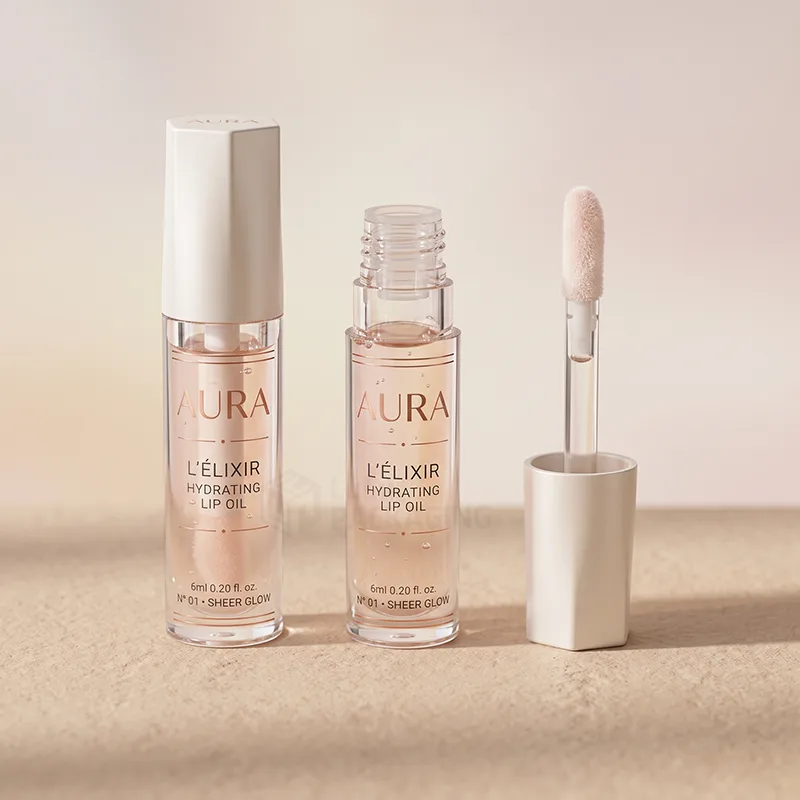 Clear lip oil tubes with white caps, one open showing the doe foot applicator