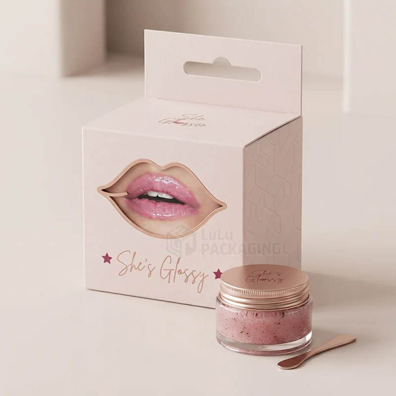Pink lip scrub box with a lip-shaped window and hang tab beside a jar and spatula