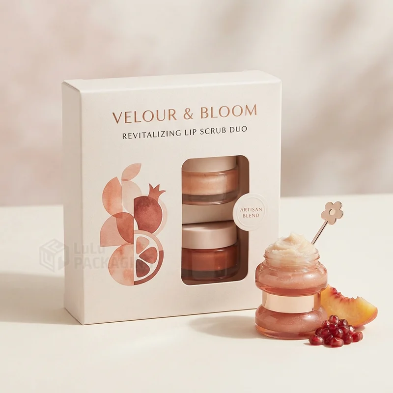 Cream lip scrub duo box with a window showing two jars beside an open jar and fruit