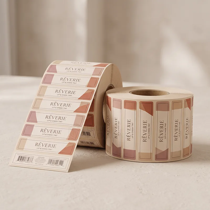 Two rolls of narrow pink and cream lip and cheek tint labels with barcodes