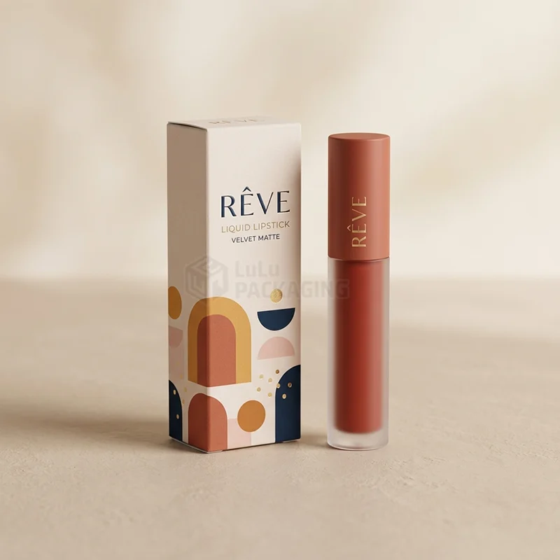 Slim cream liquid lipstick box with colourful arch print beside a frosted tube