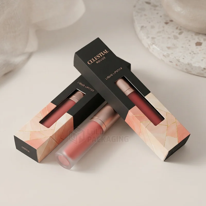Two black and peach liquid lipstick boxes with windows beside a frosted tube