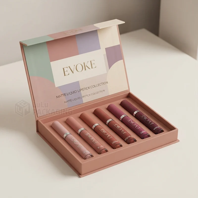 Magnetic box open to show six liquid lipsticks in a row of shades