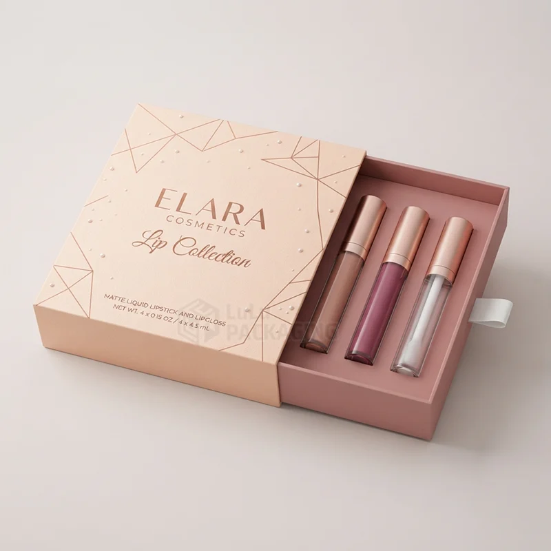 Peach drawer box with foil lines slid open to show three liquid lipstick tubes