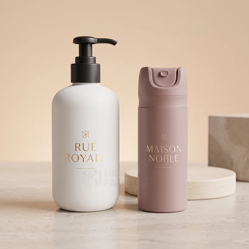 White lotion pump bottle with a black pump beside a mauve spray bottle, both with foil logos