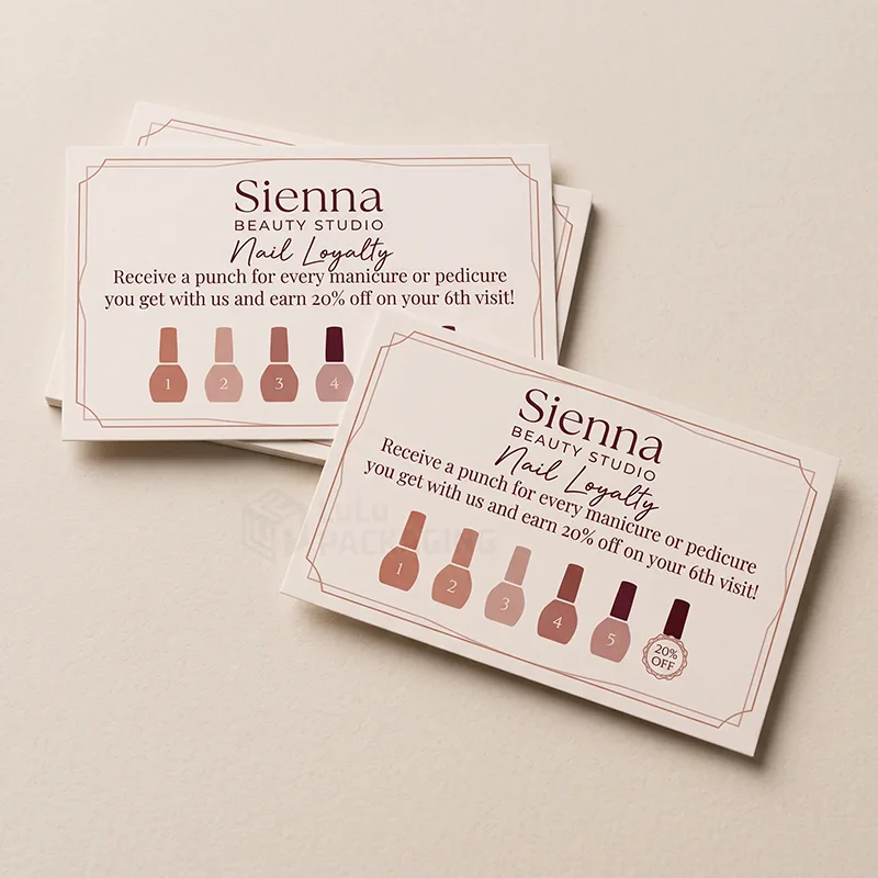 Nail salon loyalty cards with six numbered nail polish bottle spaces and a 20% off reward