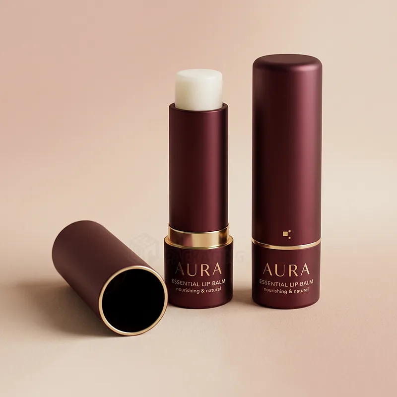 Burgundy metal lip balm tubes with gold trim, one open showing the white balm