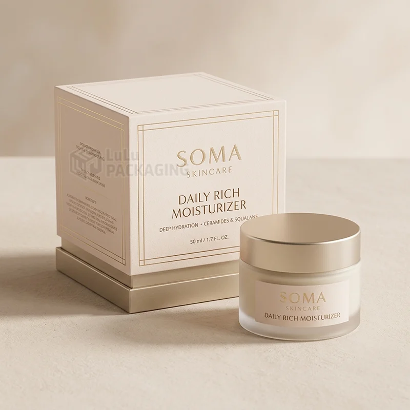 luxury moisturizer packaging with gold foil lines and a gold lid jar