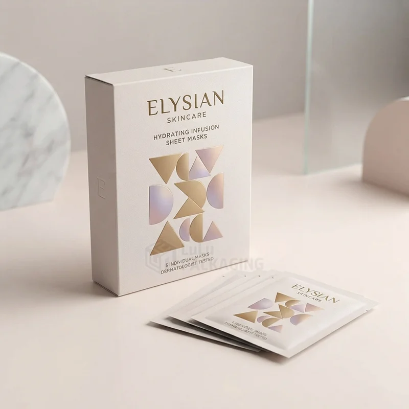 luxury sheet mask packaging with gold foil shapes and matching mask sachets