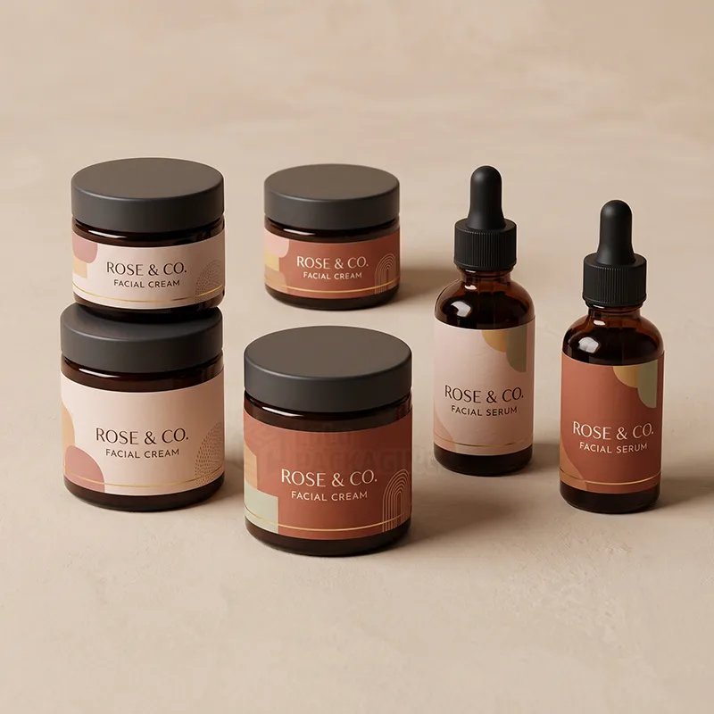 Amber cream jars and dropper serum bottles with blush and terracotta labels with gold lines