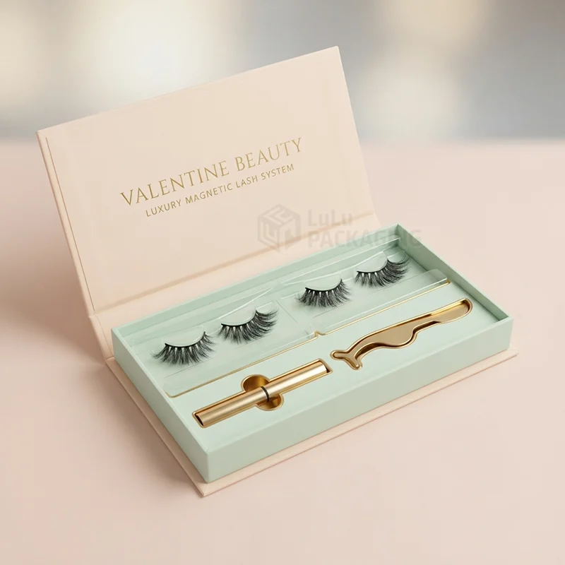 Open magnetic lash box with two lash pairs, gold liner and tweezers in a mint insert