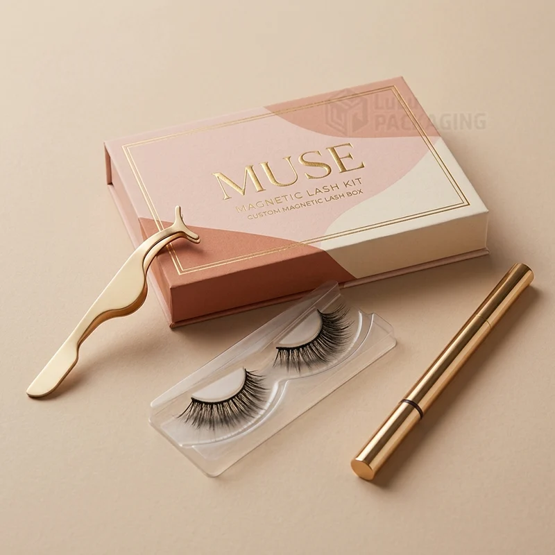 Closed pink magnetic lash box with gold foil beside lashes, gold tweezers and liner