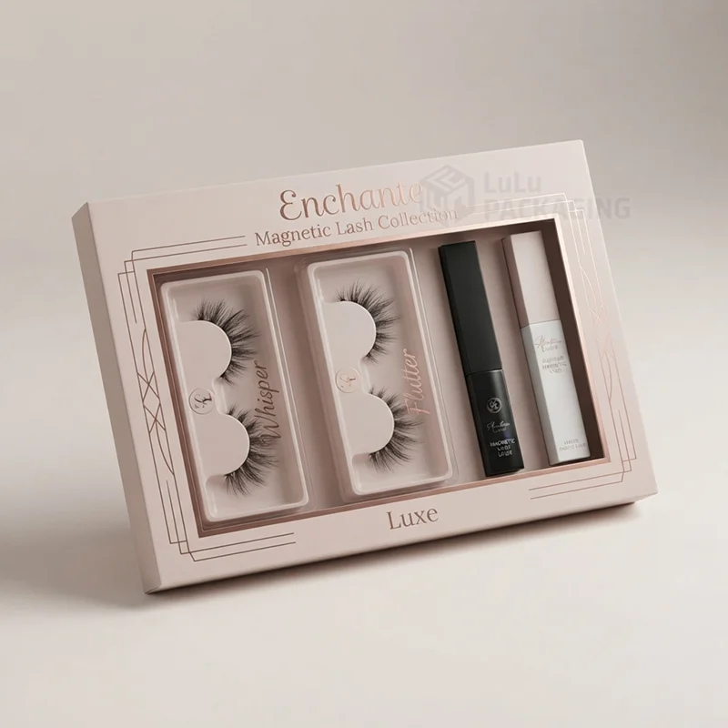 Window box showing two magnetic lash trays, liner and remover in a foil frame