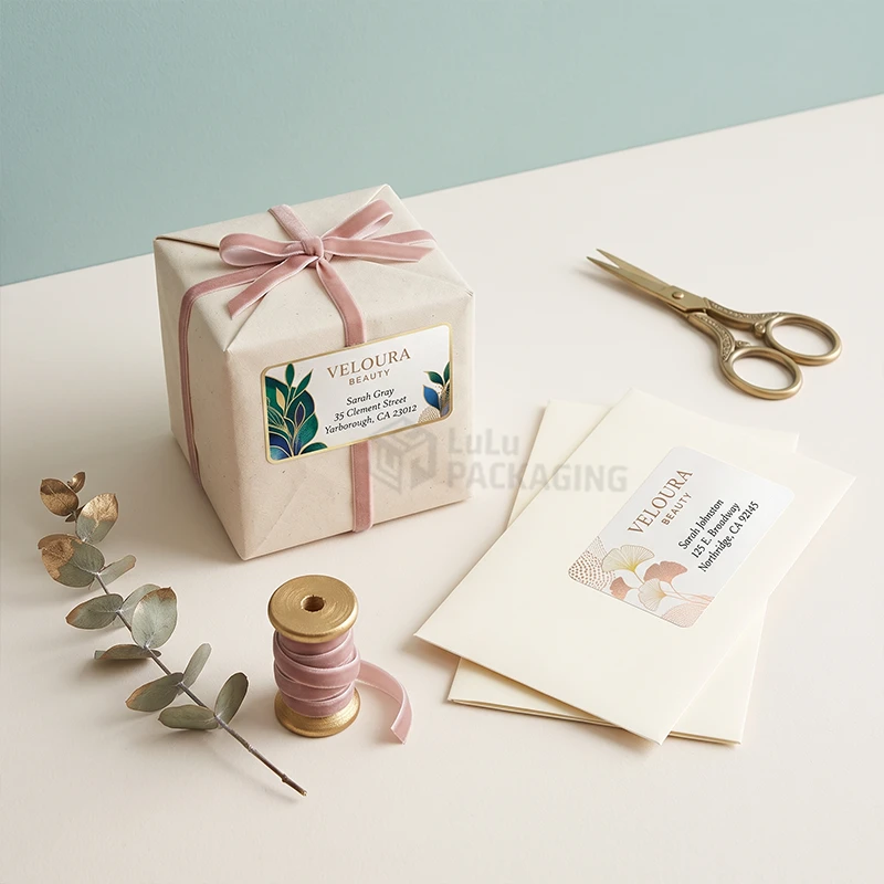 Floral printed address labels on a ribbon-tied gift parcel and on cream envelopes, with scissors and ribbon spool