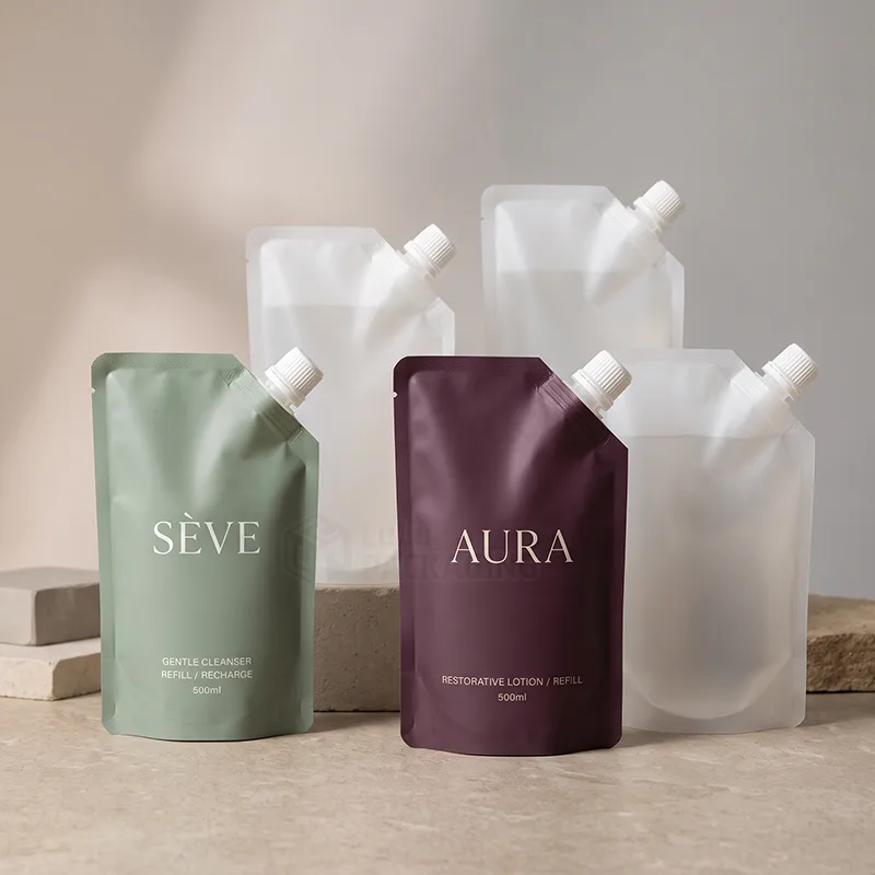 Sage and plum matte refill pouches beside frosted clear pouches with white spout caps