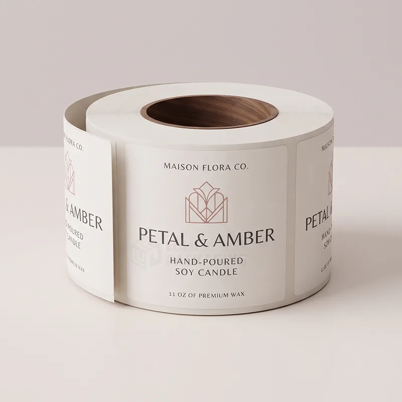 Roll of white soy candle labels with a blush line logo and grey text