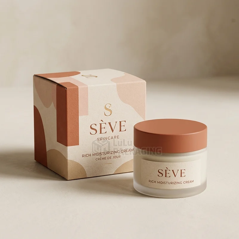 moisturizer boxes with logo in terracotta pattern beside a cream jar