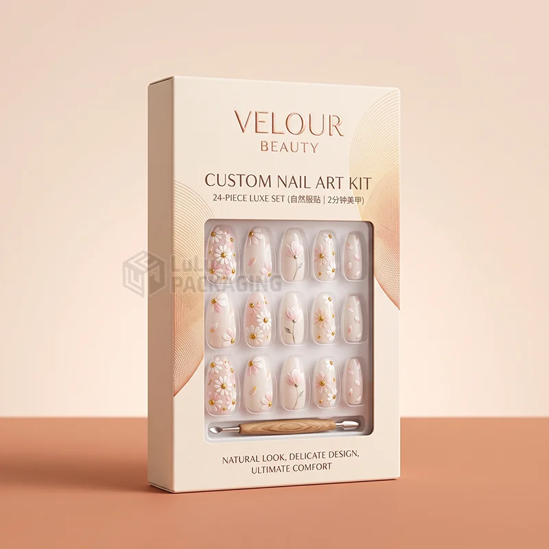 Cream nail art kit box with a window showing floral press-on nails and a dotting tool
