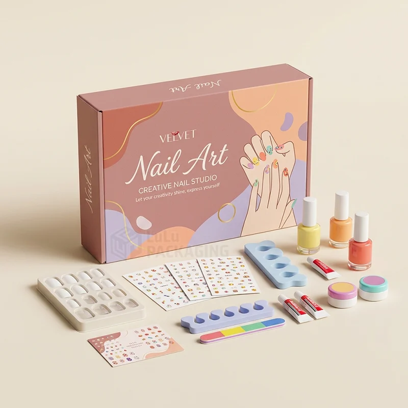 Printed nail art kit mailer box with polishes, stickers, press-on tips and toe separators