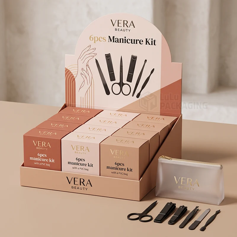 Counter display of printed manicure kit boxes with a pouch and tools in front