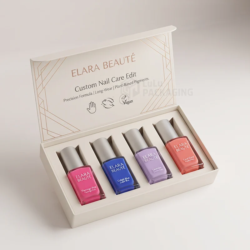 Cream magnetic box with foil lines open to show four bright nail polish bottles