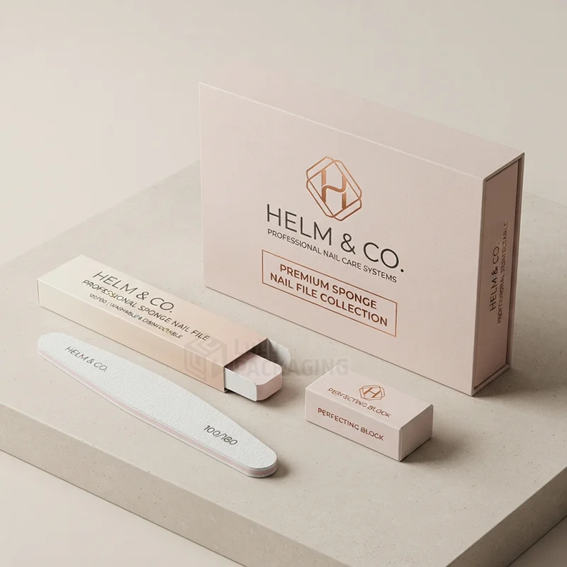 Pink nail file collection box with rose gold foil beside a slim file box and buffer
