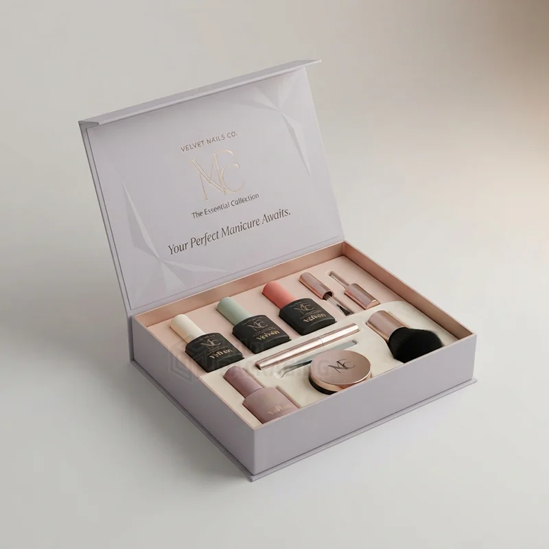 Lilac magnetic nail kit box open to show polish bottles, tweezers, brush and file
