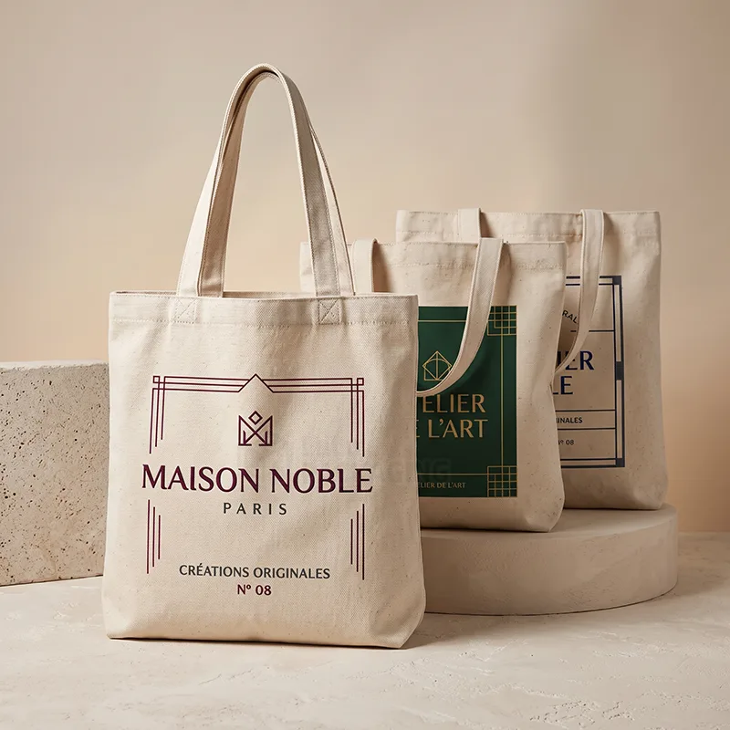 Natural canvas tote bags with long handles and printed burgundy, green and navy logos