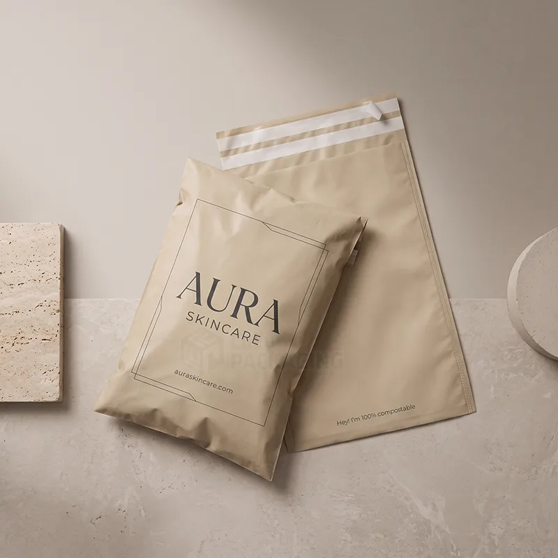 Natural compostable mailers with a printed logo and peel and seal strip