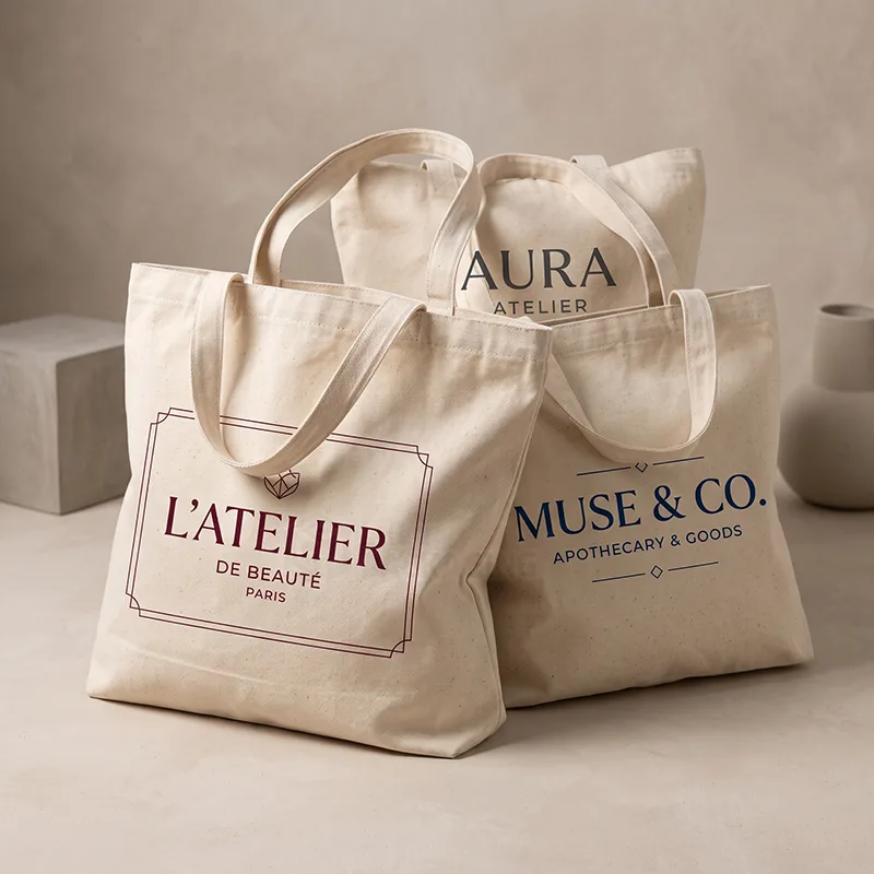 Three natural cotton tote bags grouped together with burgundy, navy and grey printed logos