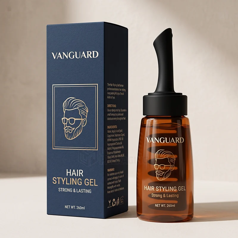 Navy hair styling gel box with gold foil barber illustration beside an amber nozzle bottle