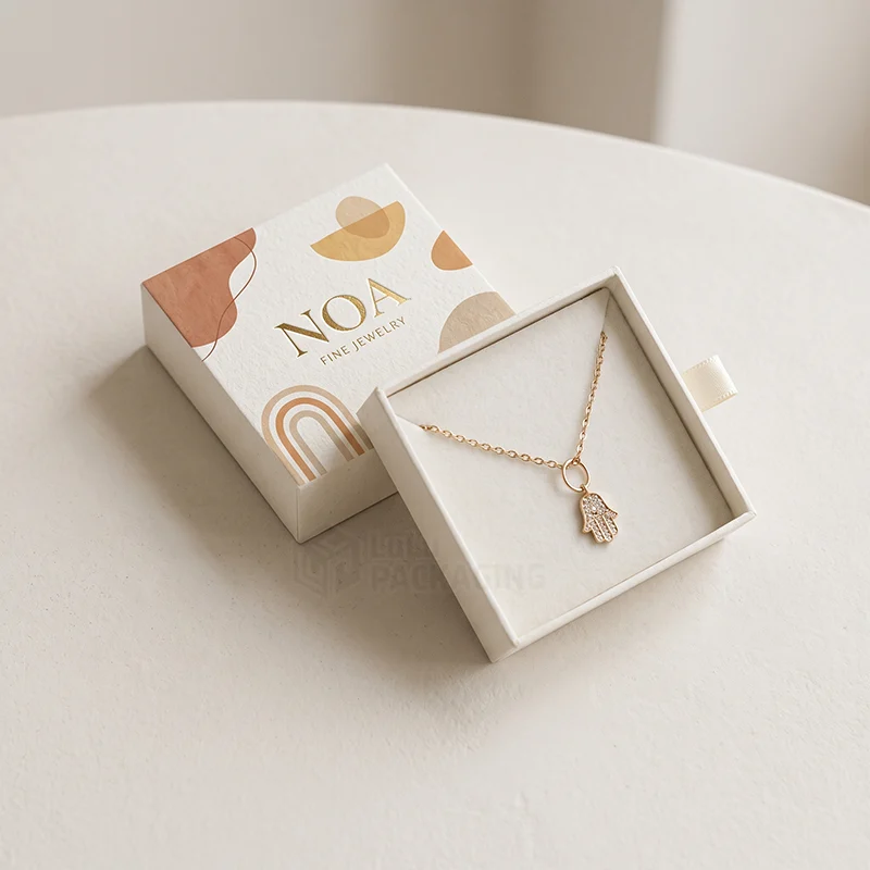 Cream necklace box with an abstract printed lid and gold foil logo, holding a hamsa pendant