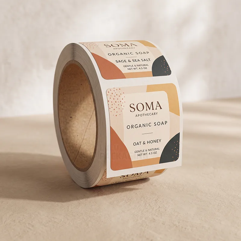 Roll of square organic soap labels in cream, terracotta, mustard and charcoal