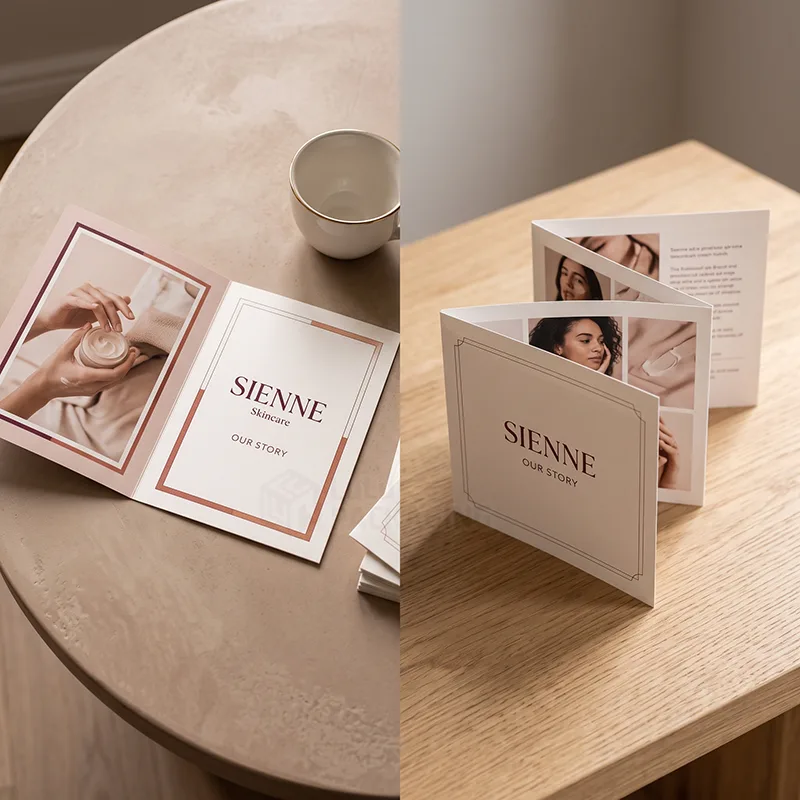 Two views of skincare 'Our Story' cards: an open bifold on a round table and a zig-zag fold card with portraits