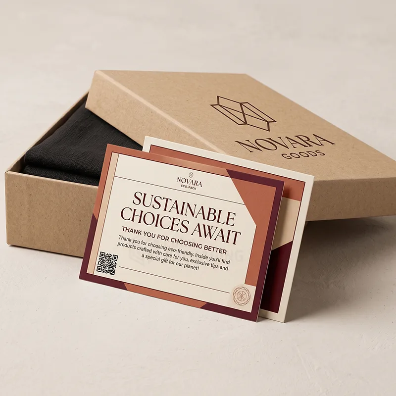 Two printed insert cards with QR code leaning against a kraft gift box with a branded lid