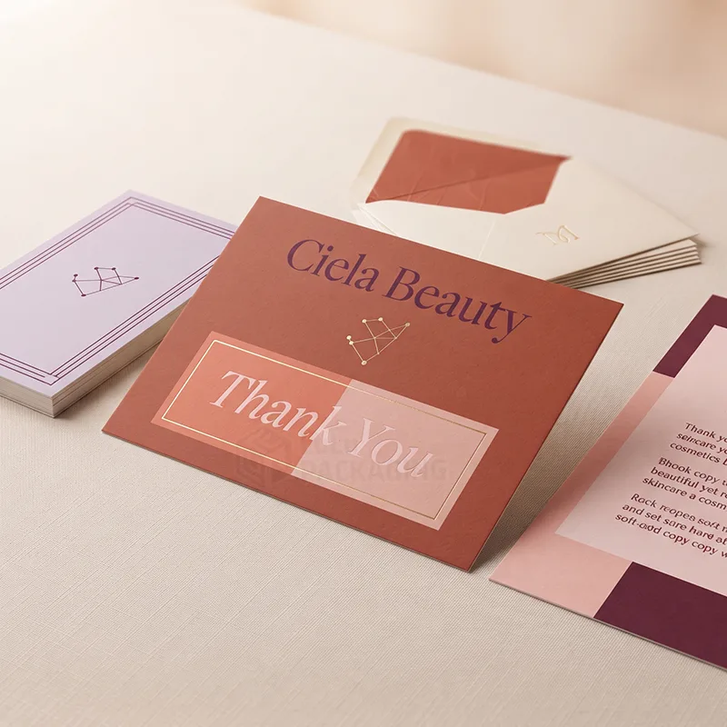 Terracotta thank you card with gold foil frame beside a lilac card stack, lined envelope and printed insert