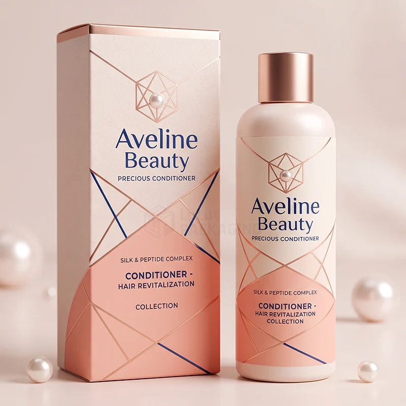 Peach and cream conditioner box with rose gold foil lines beside a matching bottle