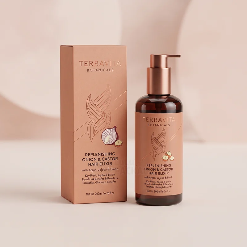 Peach hair oil box with copper foil hair illustration beside an amber pump bottle