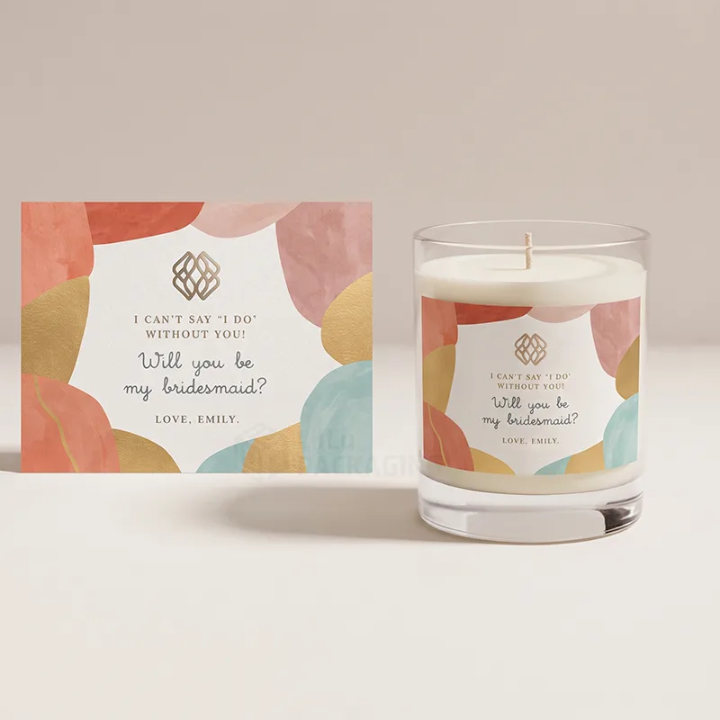 Glass candle with a bridesmaid proposal label and a matching card in watercolour shapes and gold