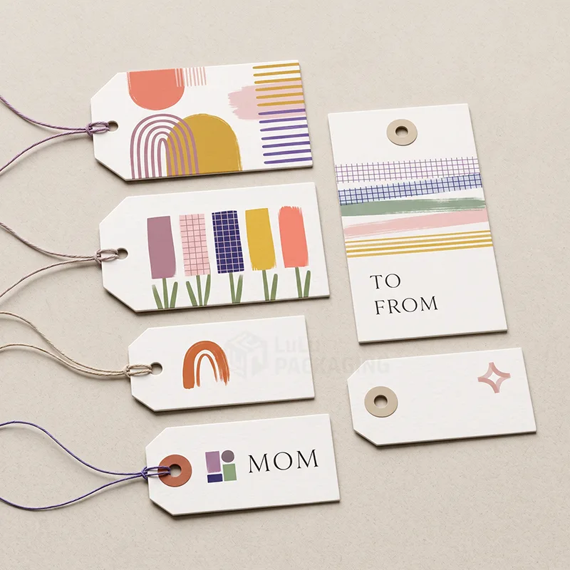 Six white gift tags with colourful brush-stroke patterns, To and From lines and coloured strings
