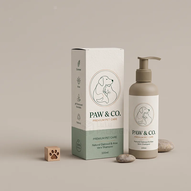 White and sage pet shampoo box with line-art logo next to a matching pump bottle