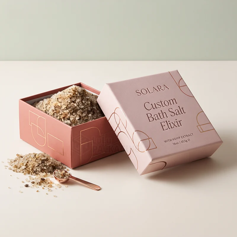 Pink two piece bath salt box filled with salts, rose gold foil lid and a copper scoop
