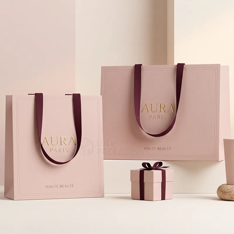 Two blush pink boutique bags with burgundy ribbon handles and a gold foil logo beside a gift box