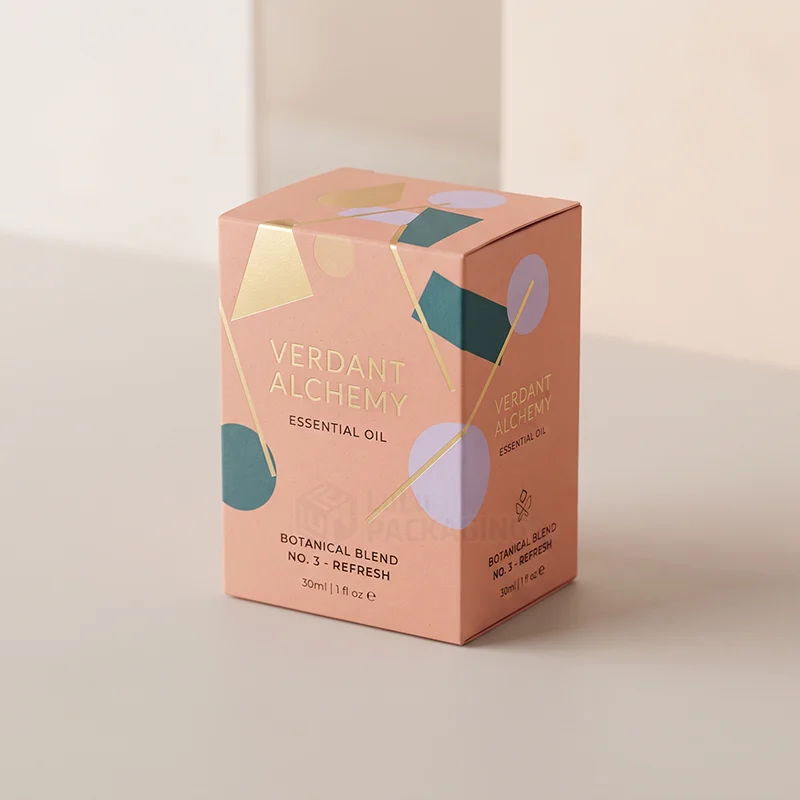 Pink tuck end essential oil box with abstract shapes and gold foil lettering