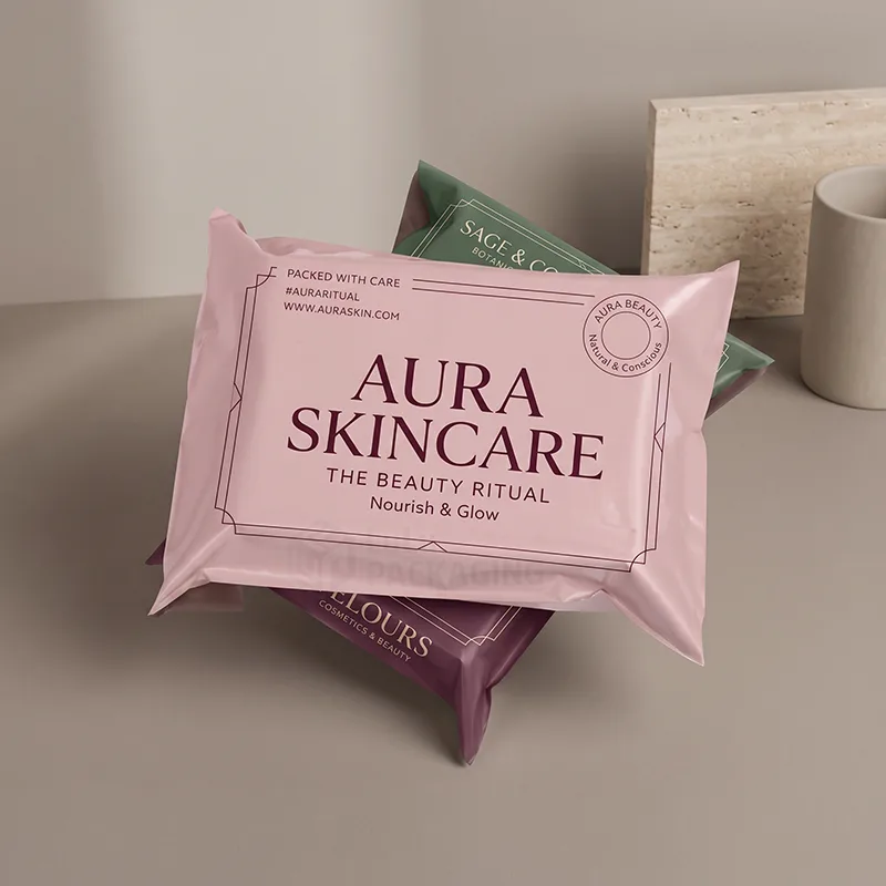 Pink poly mailer with a printed skincare logo stacked on green and plum mailers
