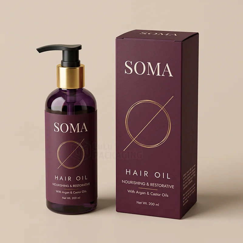 Plum hair oil box with a gold foil circle logo next to a matching pump bottle