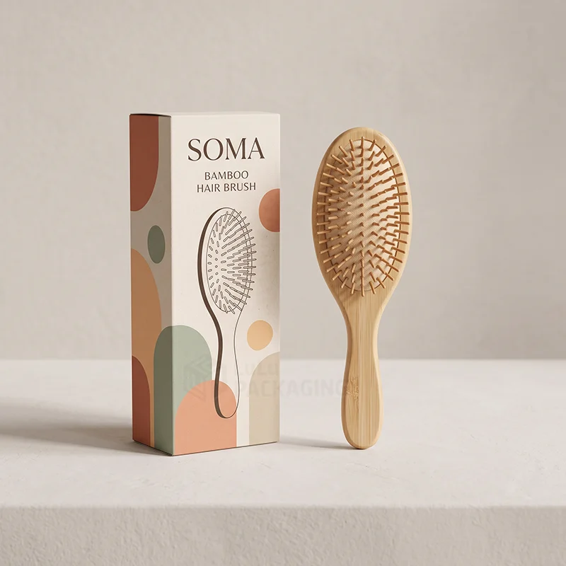 Slim printed comb box with brush illustration next to a bamboo hair brush