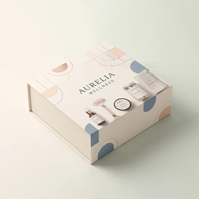 Closed cream magnetic spa gift box printed with skincare products and pastel shapes