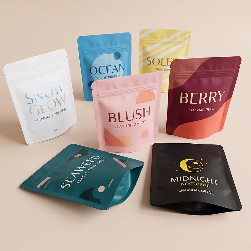 Colorful printed mylar zipper pouches for face masks, scrubs and peels