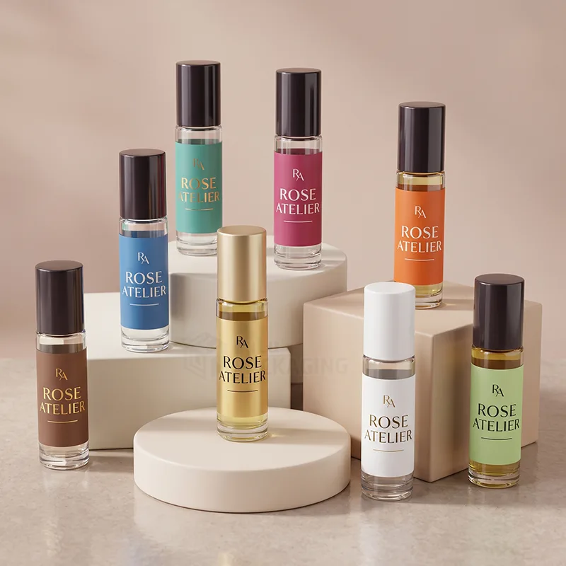 Eight glass roll-on bottles with colourful printed labels and dark, gold and white caps